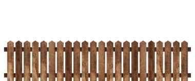 Kahverengi ahşap çit, beyaz arka planda izole edilmiş ve eski bir kalas kullanılmış. Kırpma yolu ile nesne