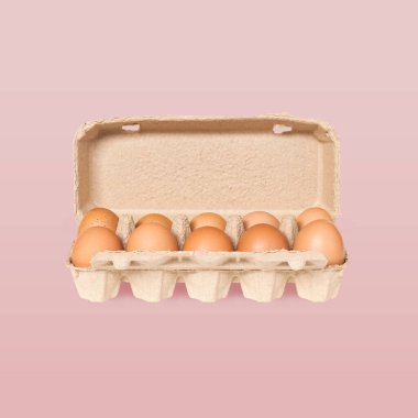 Pembe arka planda karton yumurta kutusunda kahverengi tavuk yumurtası. Kopya alanı ile ön görünüm. Sağlıklı gıda konsepti