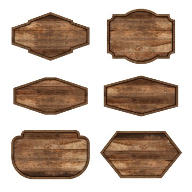 Tasarım işi için yol kesen nesnelerle birlikte beyaz arkaplanda izole edilmiş tahta tabela seti