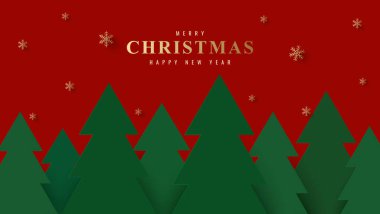 Mutlu noeller. Kırmızı arka planda Noel ağacı