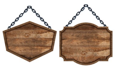 Beyaz arka planda izole edilmiş zincirle ahşap tabelalar. Tasarım çalışması için nesneleri kırpma yolu