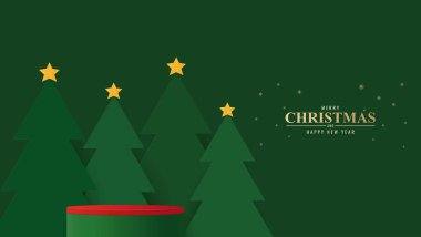 Mutlu noeller. Yeşil arka planda podyum ve noel ağacı. Noel 'de ürün sergilemek için platform. Mutlu yıllar.