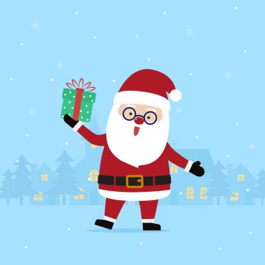 Şehir köyü olan şirin Noel Baba karakterleri ve gece vakti kar yağışı olan Noel ağacı. Noel sezonu ve yeni yılın kutlu olsun. Vektör illüstrasyonu