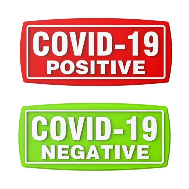 Üzerinde COVID-19 yazan iki pul pozitif ve COVID-19 negatif. COVID-19 koronavirüs kırmızı ve yeşil lastik damga. 3B Görüntü.