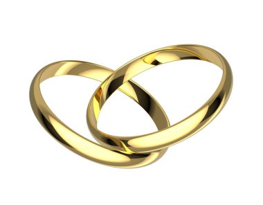 İki altın alyans. Alyanslar beyaz arka planda izole edilmiş. 3B illüstrasyon.