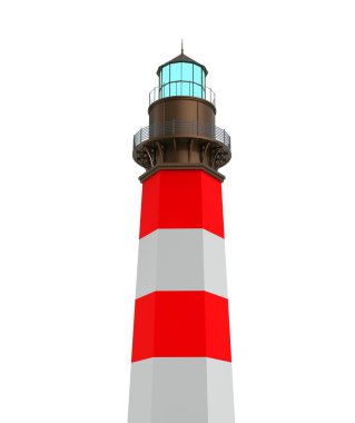 Deniz feneri. Deniz feneri parlıyor. 3d illüstrasyon.
