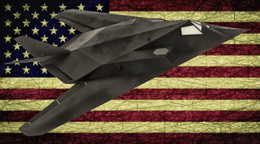 Amerikan bayrağı arkaplanındaki askeri gizli hava aracı. Amerikan bayrağı. 3d illüstrasyon.