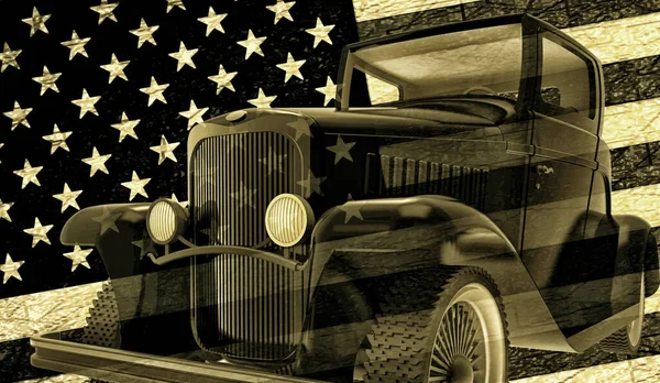 Vecchia Auto Americana Sfondo Bandiera Americana Bella Macchina Altri Tempi — Foto Stock