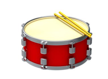 Çubuklu kırmızı davul. Perküsyon müzik aleti. Müzik aleti, davul makinesi. 3B illüstrasyon.