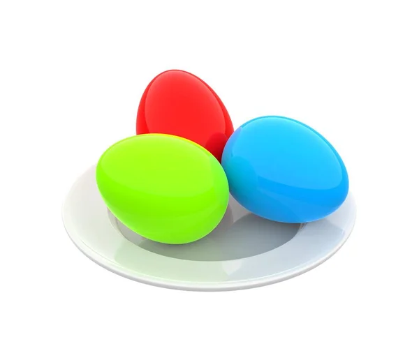 Three Colored Easter Eggs Easter Eggs White Background Top View — Stock Photo, Image
