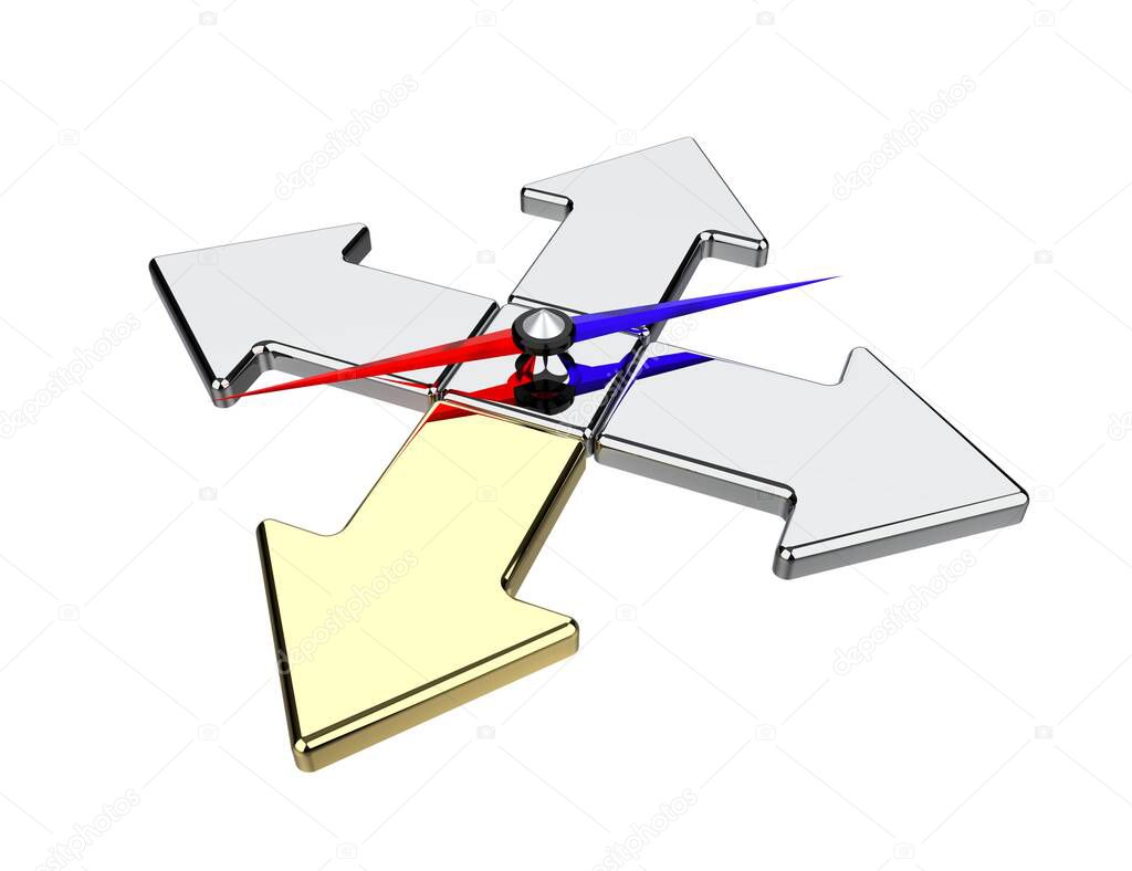 Arrow of the compass indicates direction. Arrow indicating direction. 3D illustration.