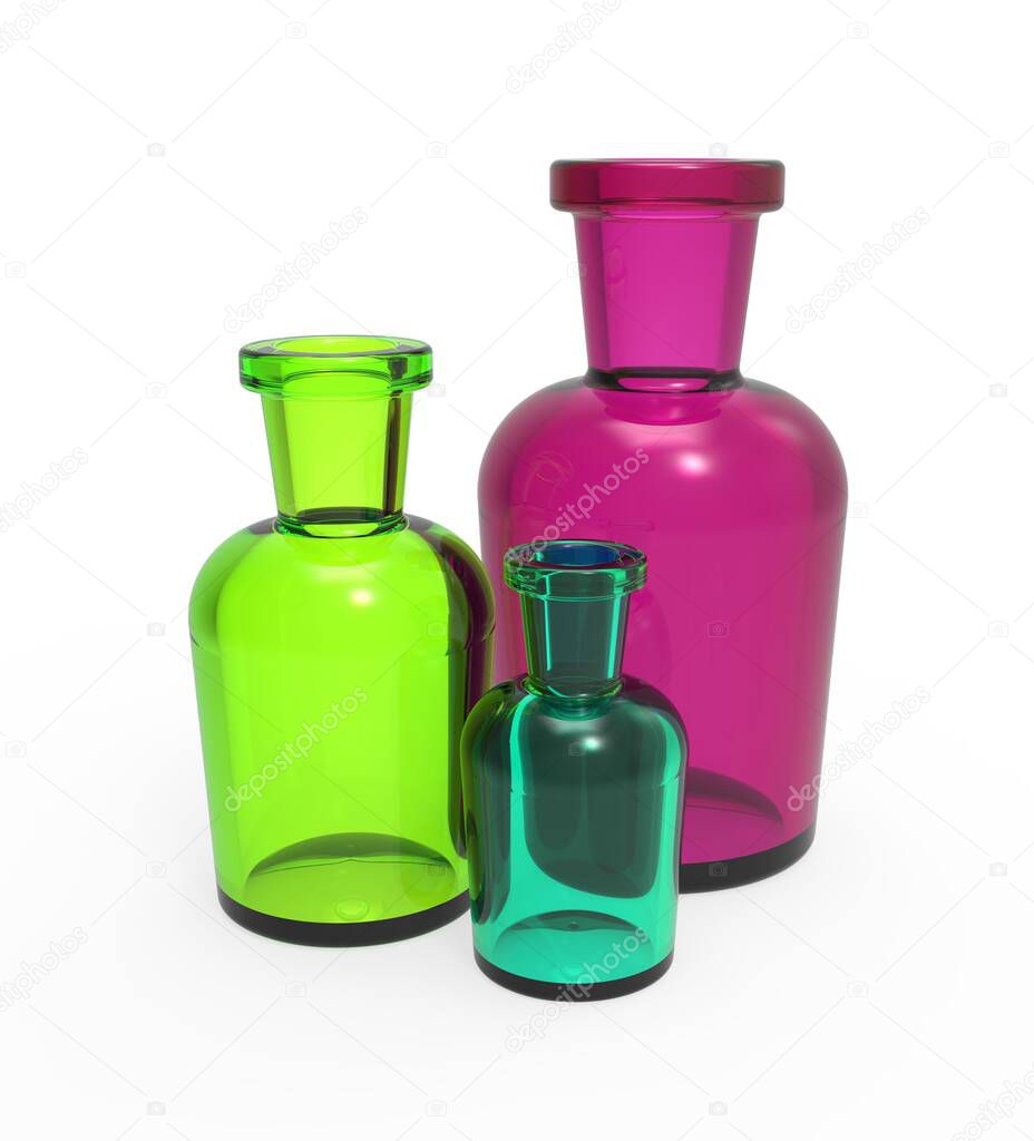 Vial. Bottle. Acid vials. Colored bottles for drugs. 3d illustration.