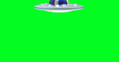 UFO yeşil krom anahtarla uçar. UFO düşer ve döner. 4K çözünürlüğü. 3B Görüntü.