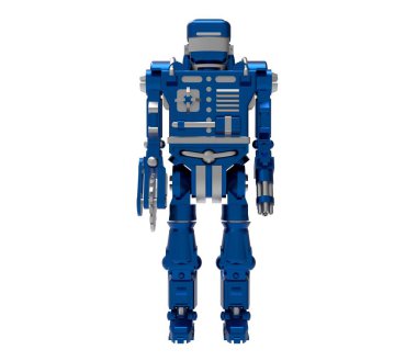 Mavi savaş robotu. Ön manzara. Savaş robotu kavramı. Füze robotu. 3B illüstrasyon.
