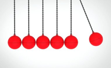 Newton 'un beşiği. Momentum ve enerjinin korunumu. Beyaz arka planda izole edilmiş yıkım topları. 3B illüstrasyon.