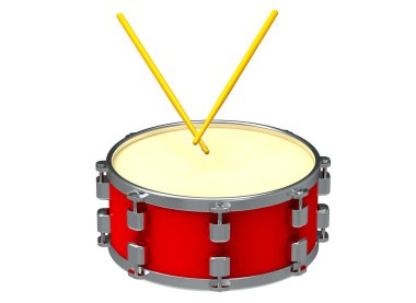 Çubuklu kırmızı davul. Perküsyon müzik aleti. 3B illüstrasyon.