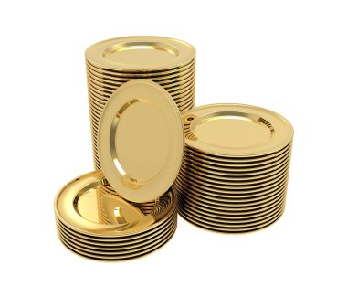 Bir sürü altın tabak. Lüks sofra takımı. 3B Görüntü.