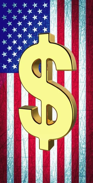 Golden dollar sign on american flag background. Dollar sign. Gold.