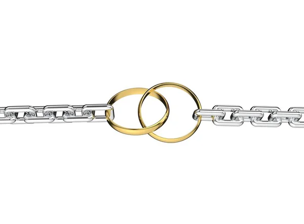 Dva Zlaté Prsteny Roztrhané Řetězem Pár Zlatých Svatebních Prstenů Bílém — Stock fotografie