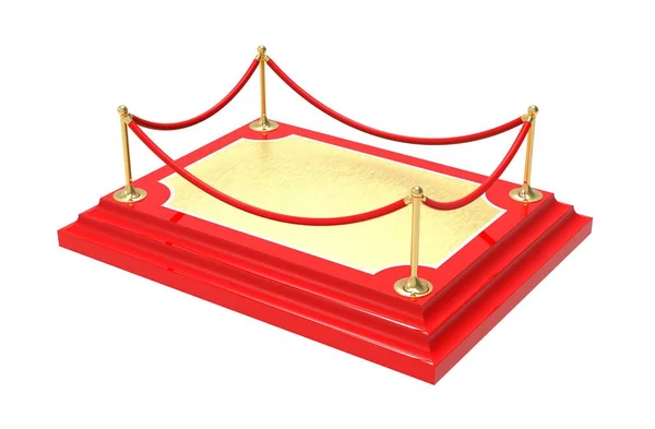 红色Vip Podium与绳索屏障 带阻隔绳的金讲台 底座或平台 3D插图 — 图库照片