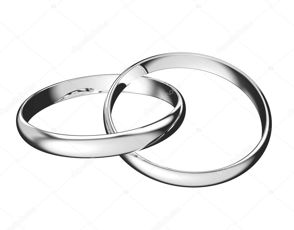 Two silver wedding rings. Wedding rings isolated on white background. 3D illustration.