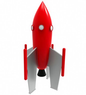 Roket uzay gemisi beyaz arka planda izole edildi. Çizgi film roketi. Roket uzayda uçuyor. Uzaylı uçak uzay gemisi. 3d illüstrasyon.