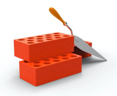 Beyaz arka planda tuğla ve mala. Mason 'ın malası. Bir yığın kırmızı tuğla. Endüstriyel tasarım için tuğlalar. 3d illüstrasyon.