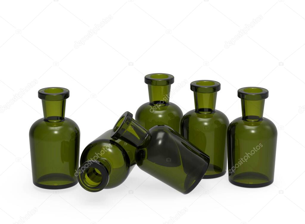 Vial. Bottle. Acid vials. Bottles for drugs. Medical bottle. Empty glass bottle. 3d illustration.