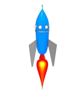 Roket uzay gemisi beyaz arka planda izole edildi. Çizgi film roketi. Roket uzayda uçuyor. Uzaylı uçak uzay gemisi. 3d illüstrasyon.