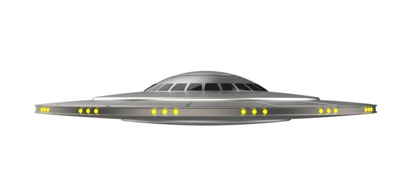 Unidentified flying object. UFO spacecraft isolated on white background. Alien spaceship. 3D Illustration.