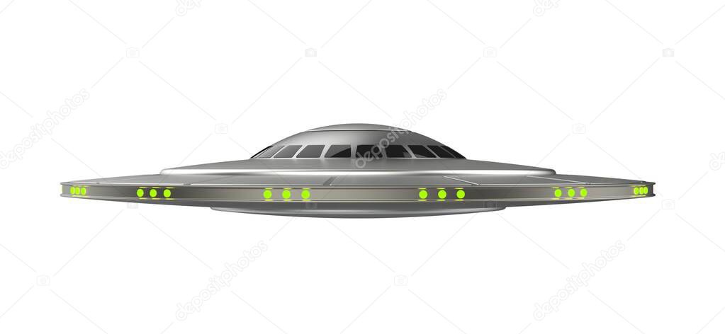 Alien spaceship. Unidentified flying object. UFO spacecraft isolated on white background. 3D Illustration.
