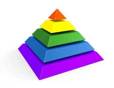 Piramit. Beş element stratejisi. İş bilgisi bilgileri. 5 basamaklı piramit çizelgesi. 3d illüstrasyon.