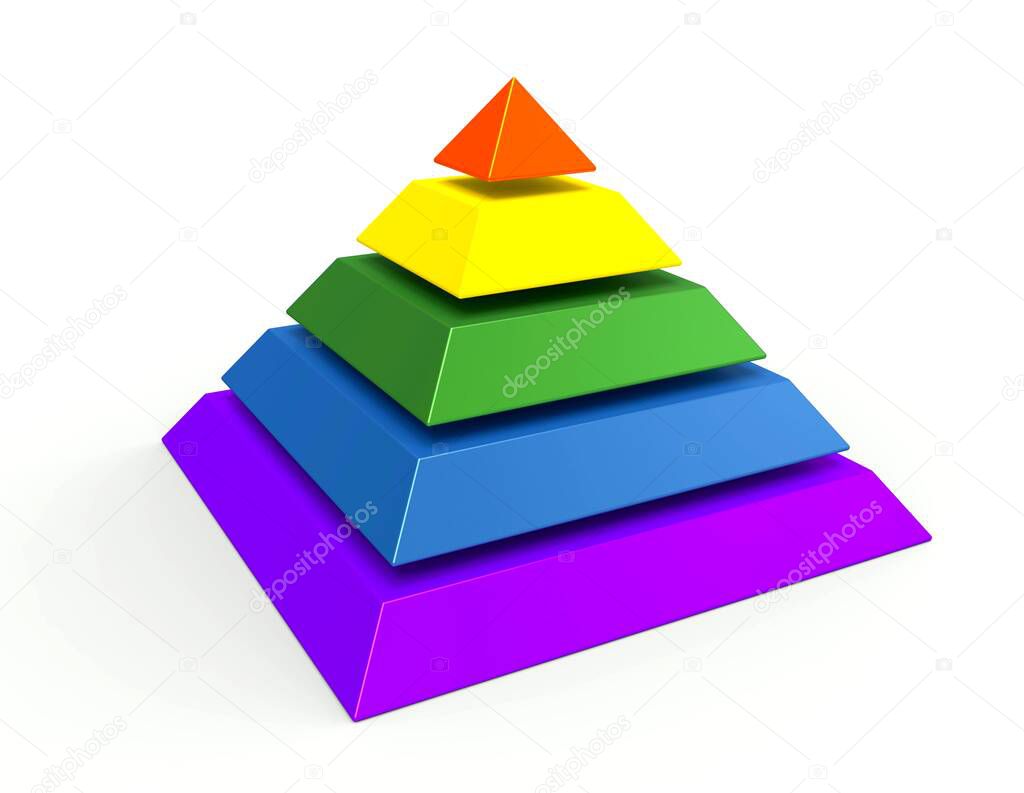 Pyramid. Five elements strategy. Business infographics. Pyramid chart with 5 steps, levels. 3d illustration.