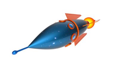 Roket uzay gemisi beyaz arka planda izole edildi. Çizgi film roketi. Roket uzayda uçuyor. Uzaylı uçak uzay gemisi. 3d illüstrasyon.