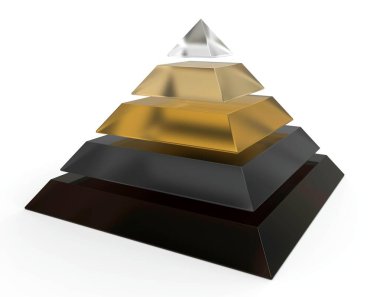 Piramit. Beş element stratejisi. İş bilgisi bilgileri. 5 basamaklı piramit çizelgesi. 3d illüstrasyon.