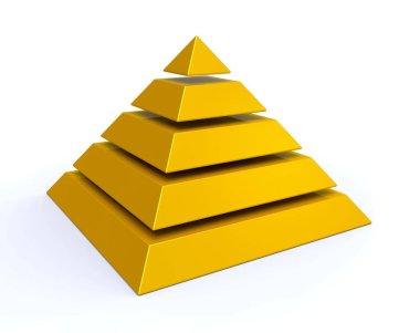 Piramit. Beş element stratejisi. İş bilgisi bilgileri. 5 basamaklı piramit çizelgesi. 3d illüstrasyon.