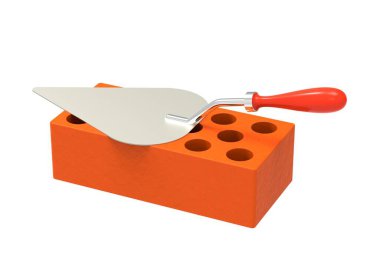 Beyaz arka planda tuğla ve mala. Mason 'ın malası. Bir yığın kırmızı tuğla. Endüstriyel tasarım. 3d illüstrasyon.