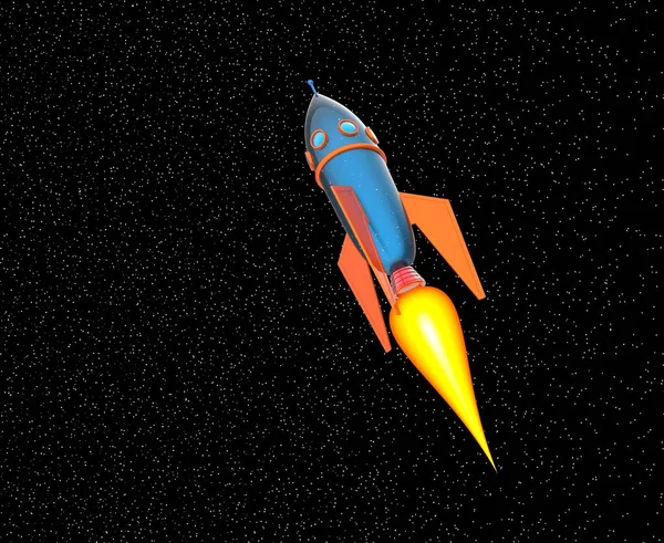 Rocket space ship isolated on white background. Cartoon rocket. Rocket flying through outer space. Alien aircraft space ship. 3d illustration.