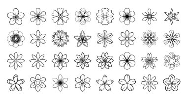 Çiçek elementleri seti. Vektör çiçekleri siyah dış hat koleksiyonu, dizaynınız için çizgi çiçekleri, beyaz arkaplanda izole edilmiş, tek renk çiçek. Soyut çiçek. Basit bitki çizgi simgeleri ayarlandı.