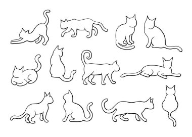 Kedi çizimi seti, taslak siluet, çizgi sanatı. Farklı pozisyonlarda kedi koleksiyonu, ayakta, yürüme, yalan söyleme, oturma, siyah çizgili, beyaz arka planda izole edilmiş,