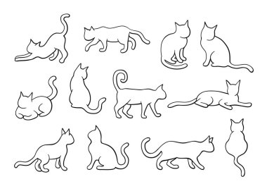Cat illustration set, outline silhouette, line art. Collection of cats in different position, standing, walking, lying, sitting, with black outline, isolated on white background, clipart