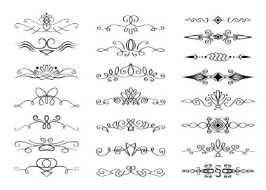 Vektör kaligrafik süsleme seti, metin ayırıcı koleksiyonu, siyah paragraf ayırıcı, çizgi sanatı, beyaz arkaplanda izole edilmiş süsleme tasarımı