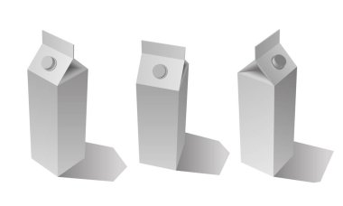 Vektör süt kutusu paketi, 3D tasarım, maket, şişe maketi, farklı yönlerde boş karton kutu modeli, şişe tasarımı,