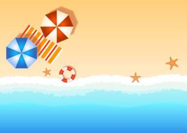 Uzay plajı illüstrasyonunu kopyala, kum, deniz ve şemsiyeli plaj tatil köyü illüsü illüstrasyonunu metnin için boş alan, metnin burada olabilir