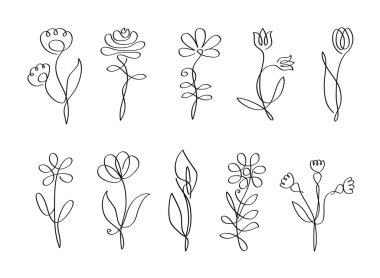 Vektör izole çiçek çizgisi, tek çizgili çiçekler, çiçek seti, beyaz arkaplanda izole edilmiş siyah çiçek koleksiyonu, çizgi çizimi