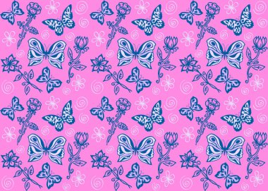 Kelebekler ve çiçekler, vektörler pürüzsüz desen, tekrarlayan desen mavi kelebekler ve pembe arka planda çiçekler, biçimlendirilmiş çizimler, kompozisyon