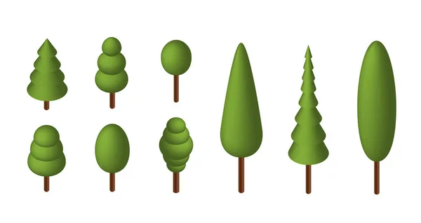 Vector Rendering Isometrische Bomen Groen Bos Geïsoleerde Bomen Verschillende Soorten — Stockvector