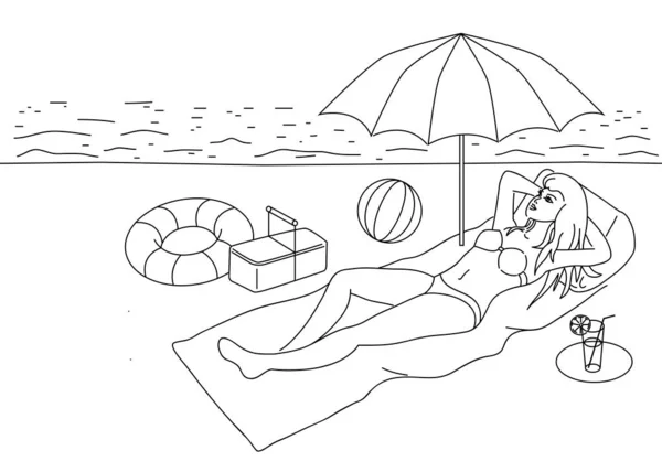 ビーチで女の子ベクトルアウトライン 海に近い太陽の下で横たわっている着色ビーチリゾート線形の女の子 夏のピクニック 砂の上の傘とボール — ストックベクタ
