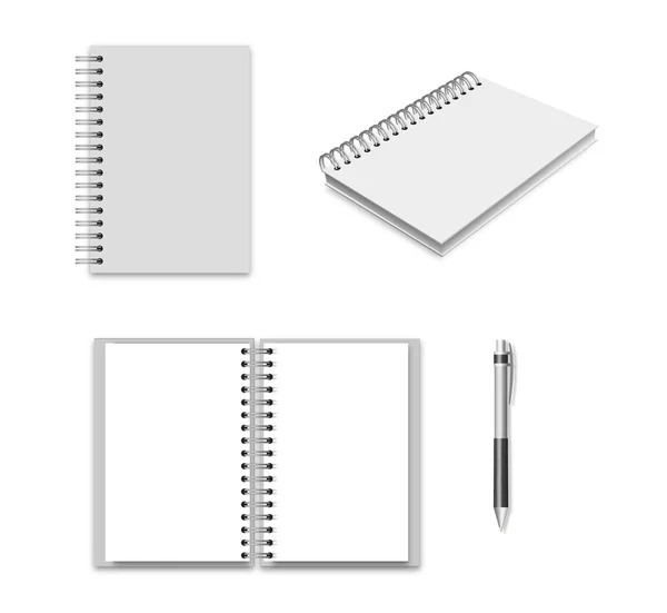 Vector Portátil Maqueta Conjunto Cuaderno Blanco Con Pluma Aislada Sobre — Vector de stock