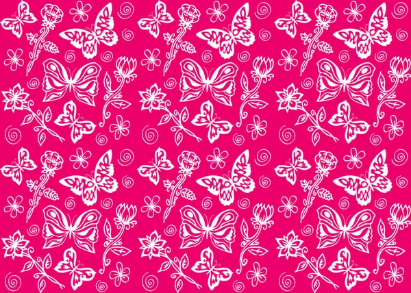 Fondo Patrón Inconsútil Vectorial Rosa Con Mariposas Flores Siluetas Blancas — Vector de stock